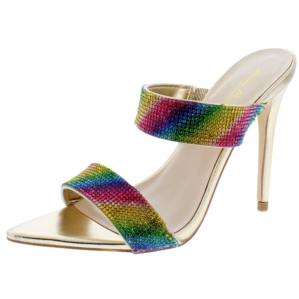 Gold Metallic Rainbow Crystal Embellished Pointed Toe  Sandals